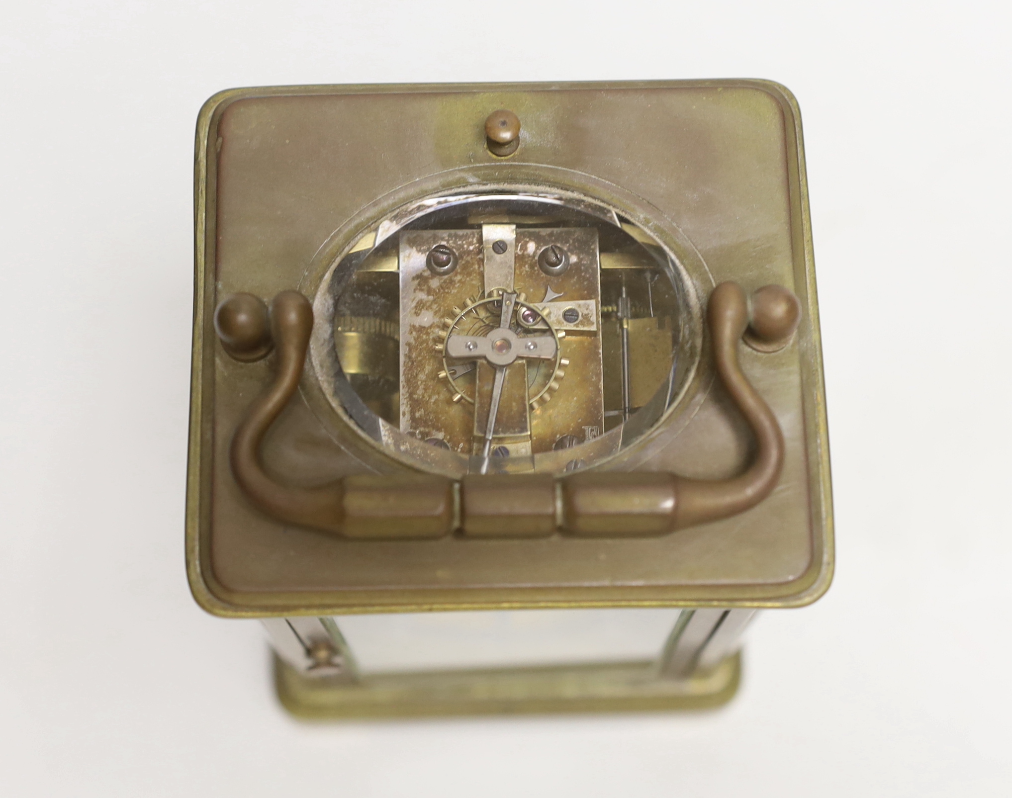 A repeating carriage clock with alarm dial, movement signed for Charles Vincenti, with retailer John Walker, 230 Regent Street London to enamel face, 13.5cm high